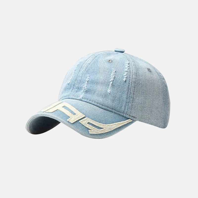 Vertical stripe vintage washed denim baseball cap, embroidered 
