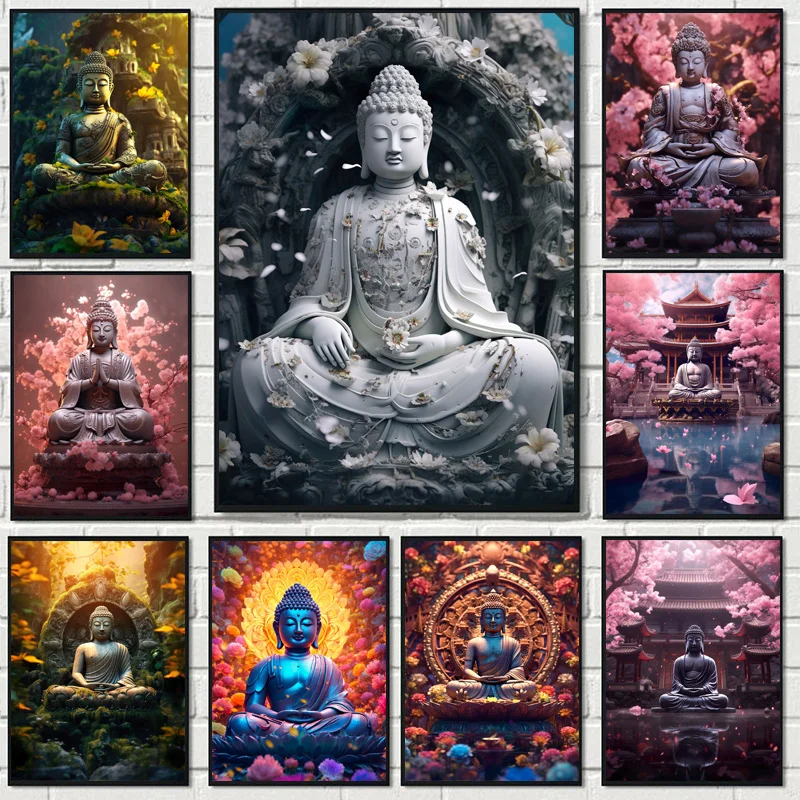 Classic Retro Mountain River Scenery Meditation Buddha Lotus Throne Poster Canvas Printing Art Home Wall Decoration Frameless