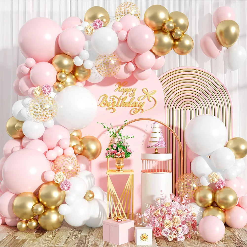 106Pcs Pink White Balloon Arch Kit Girls Happy Birthday Decoration Ballon Pastel Pink Gold Confetti Balloons Baby Shower Wedding