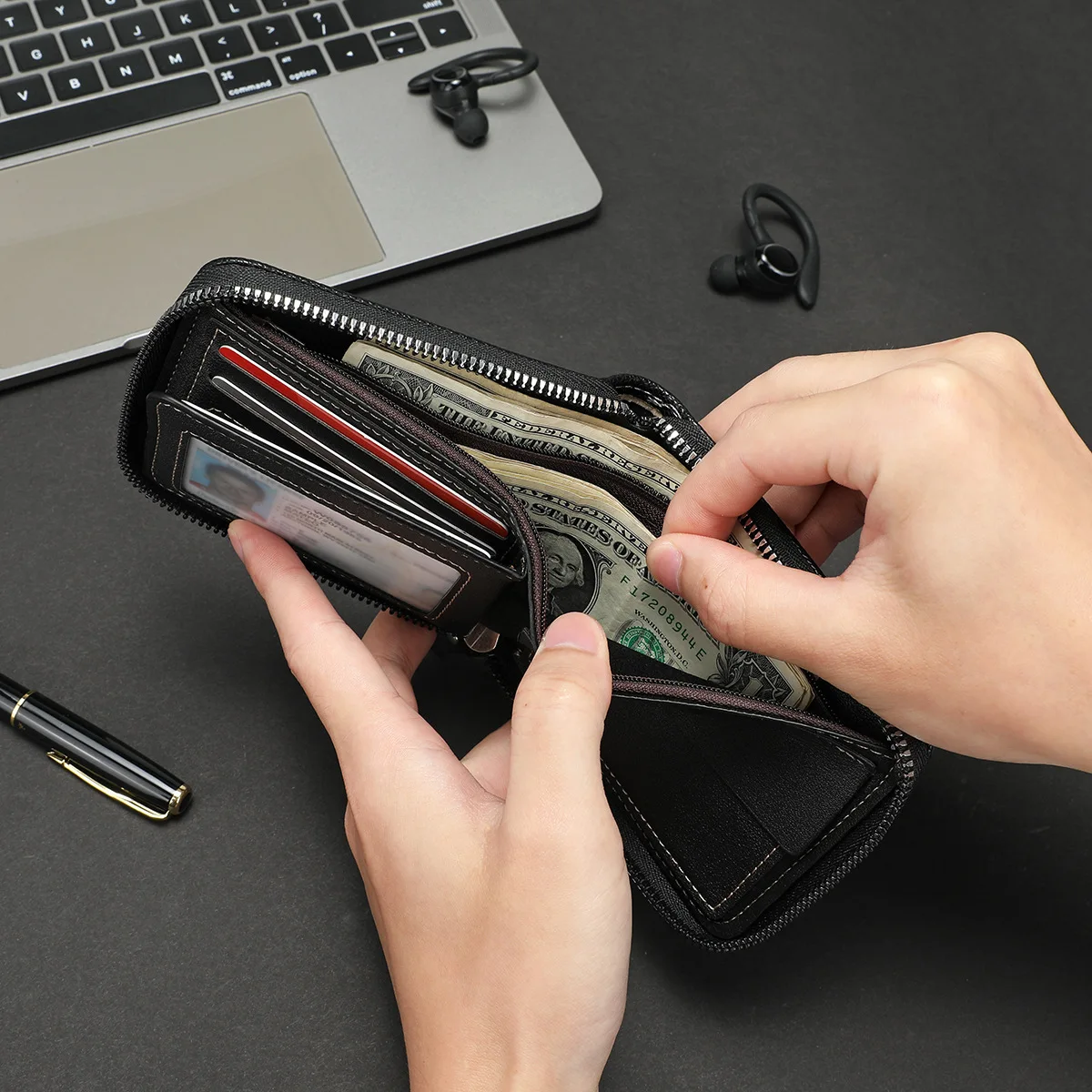 Men's Business Large-capacity Fashion Wallet, New Lychee Pattern, Multi-card Horizontal Model, Three-fold Zipper Change Bag.