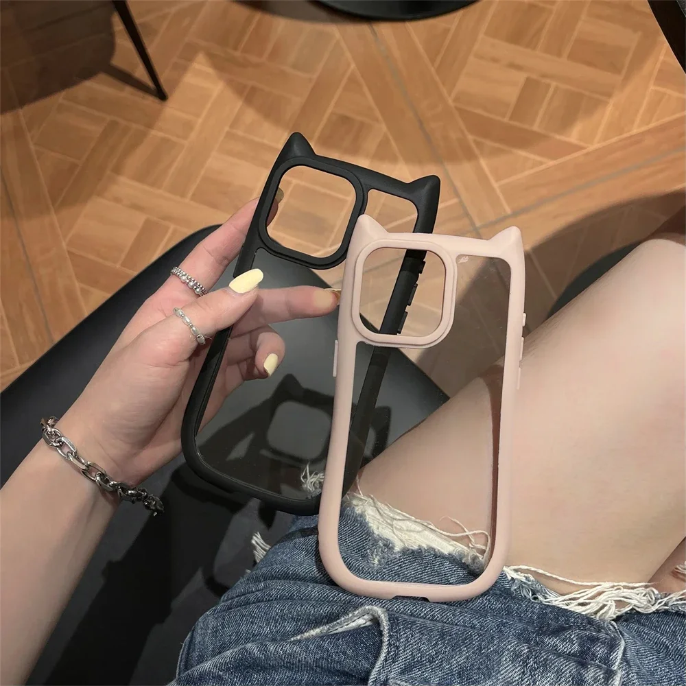 Korean Cute Funny Candy Color 3D Cat Ears Transparent Case For iPhone 15 14 13 12 Pro Max Kawaii Shockproof Back Cover Funda