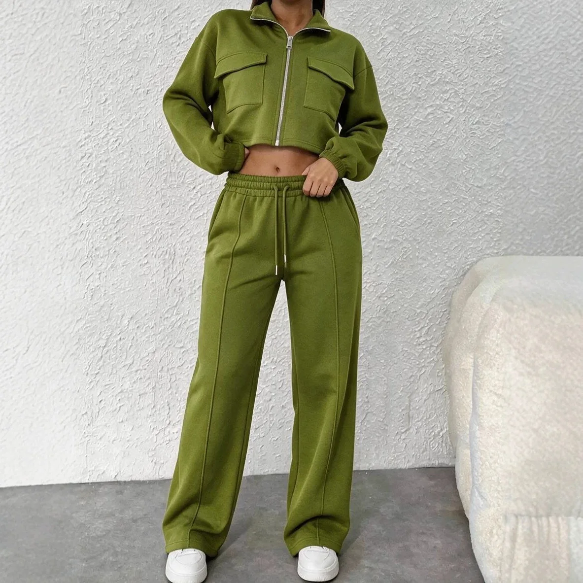 Cargo Jacket And Wide Leg Pants Set For Women Zip Up Stand Collar Long Sleeve Two Piece Loose Fit Autumn Suit