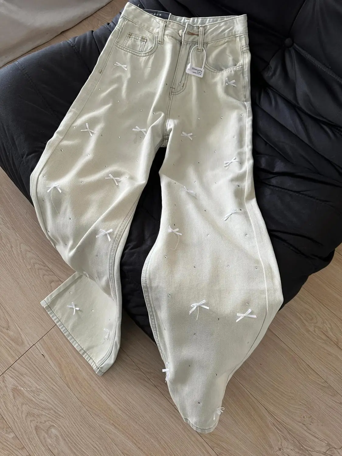 

Light Blue Bow Hot Pressed Diamond Jeans For Women's Spring And Summer Design Sense, High Waist Straight Leg Loose Wide Leg Pant