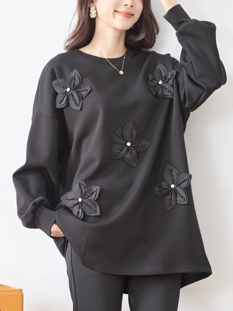 Korean Fashion Black Sweatshirts Women 2024 New Fall Winter Long Sleeve Loose Casual Tops Pullovers Female Beaded Hooded Jumper