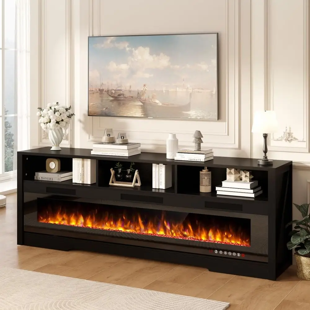 65 Fireplace TV Stand with 60 Glass Electric Fireplace for TVs  to 75 inch, Modern Fireplace Entertainment Center with Open S