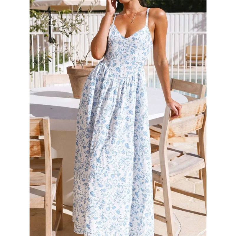 NUOVO-Abito lungo estivo da donna 2025 Abito lungo da spiaggia Boho smock floreale senza maniche