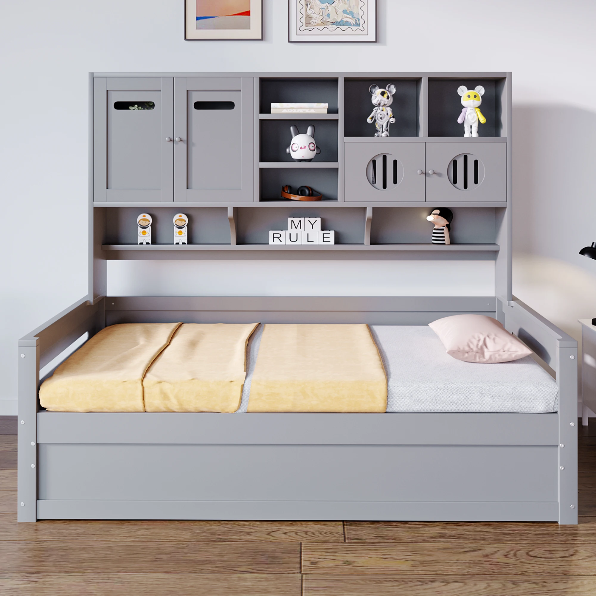 KOMHTOM Multifunktionales Holz Schlafsofa 90x200 cm mit hydraulischem Stauraum Bettgestell als Einzelbett für Jugendliche