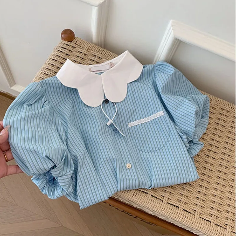 Neploe Sweet Blue Striped Peter Pan Collar Blouses Summer New Single Breasted Shirts Women Y2k Short Sleeve Loose Blusas Mujer