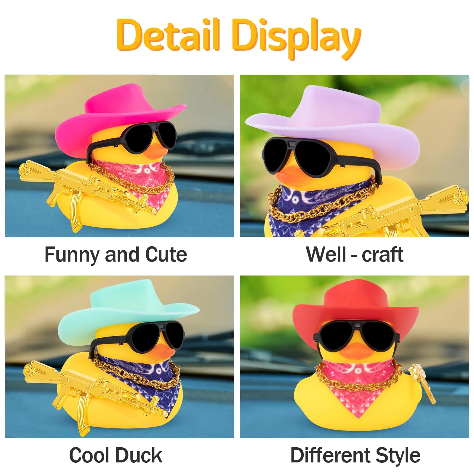 Rubber Duck Car Ornaments Duck Car Dashboard Decorations for Cool Car Accessories with Cowboy Hat Necklace and Sunglasse