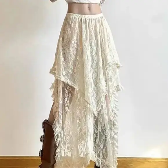 

Skirts Asymmetrical Lace Women Summer Clothing Soft All-Match Chic Streetwear Y2k Trendy Korean Style Loose Ladies Party