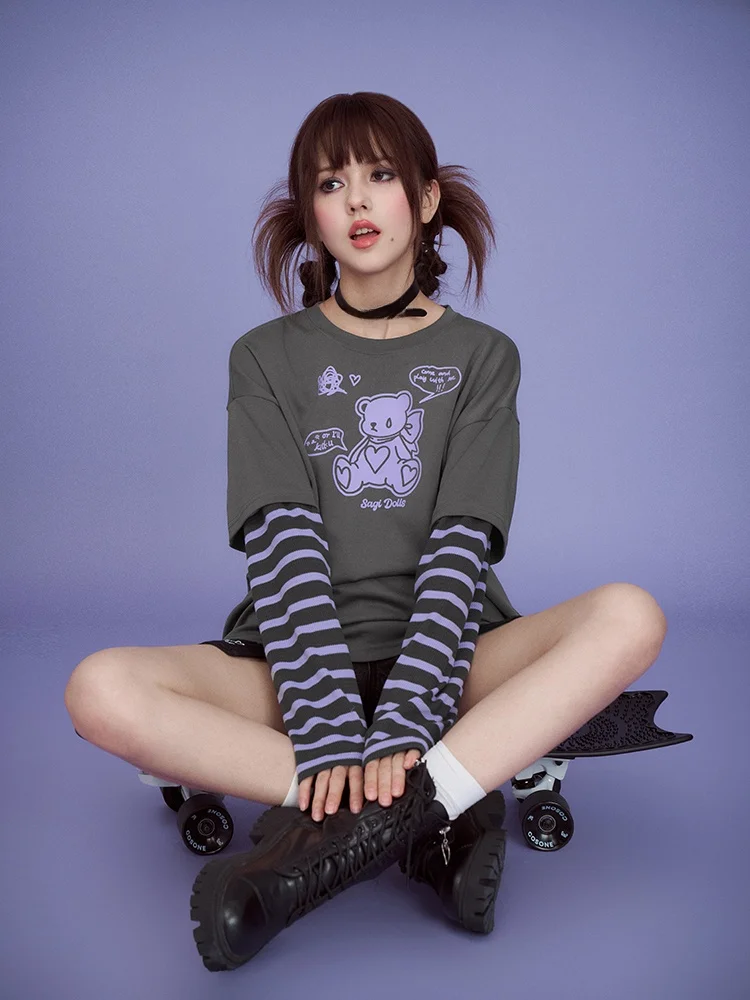 

SagiDolls Girls Motivated ey Purple Adorable Bear Patchwork Long Sve T-irt Loose Sweet Cool Autumn Faion Ladies' Tops
