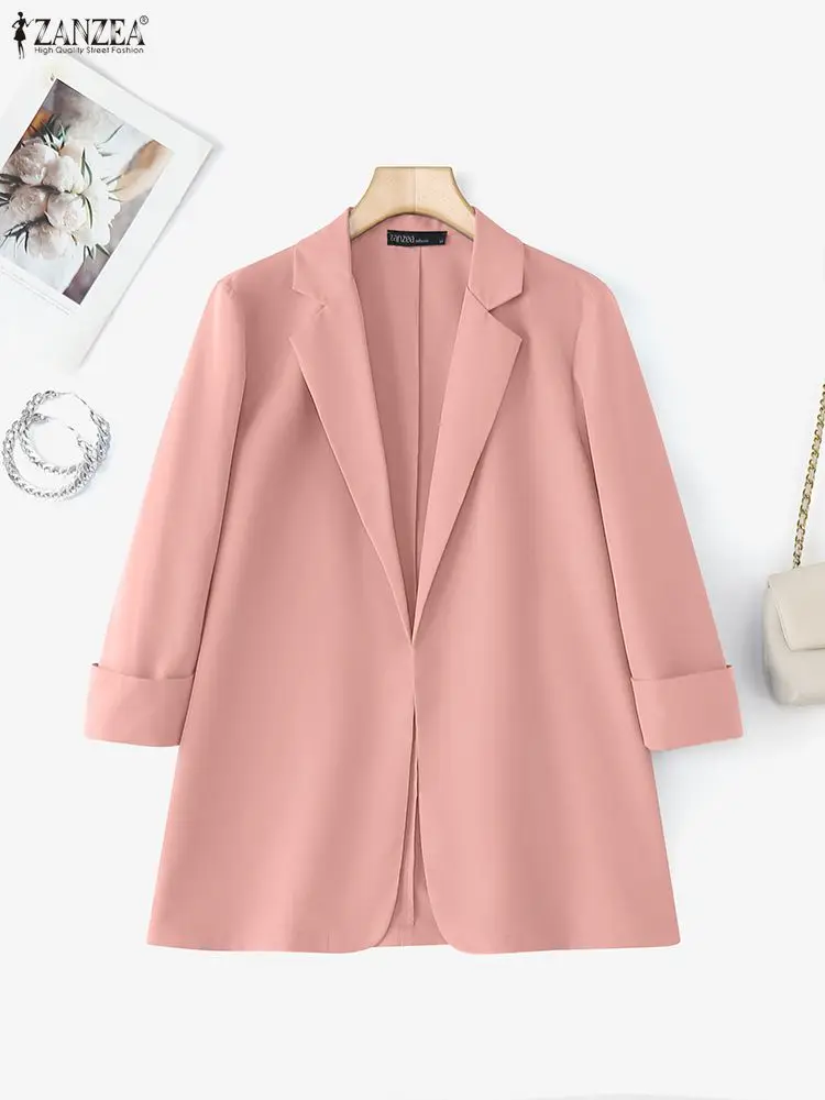 

ZANZEA 2021, модные женские верхние пальто с рукавами 3/4, повседневный однотонный пиджак, осенние кардиганы, элегантные офисные женские уличные пальто Femme