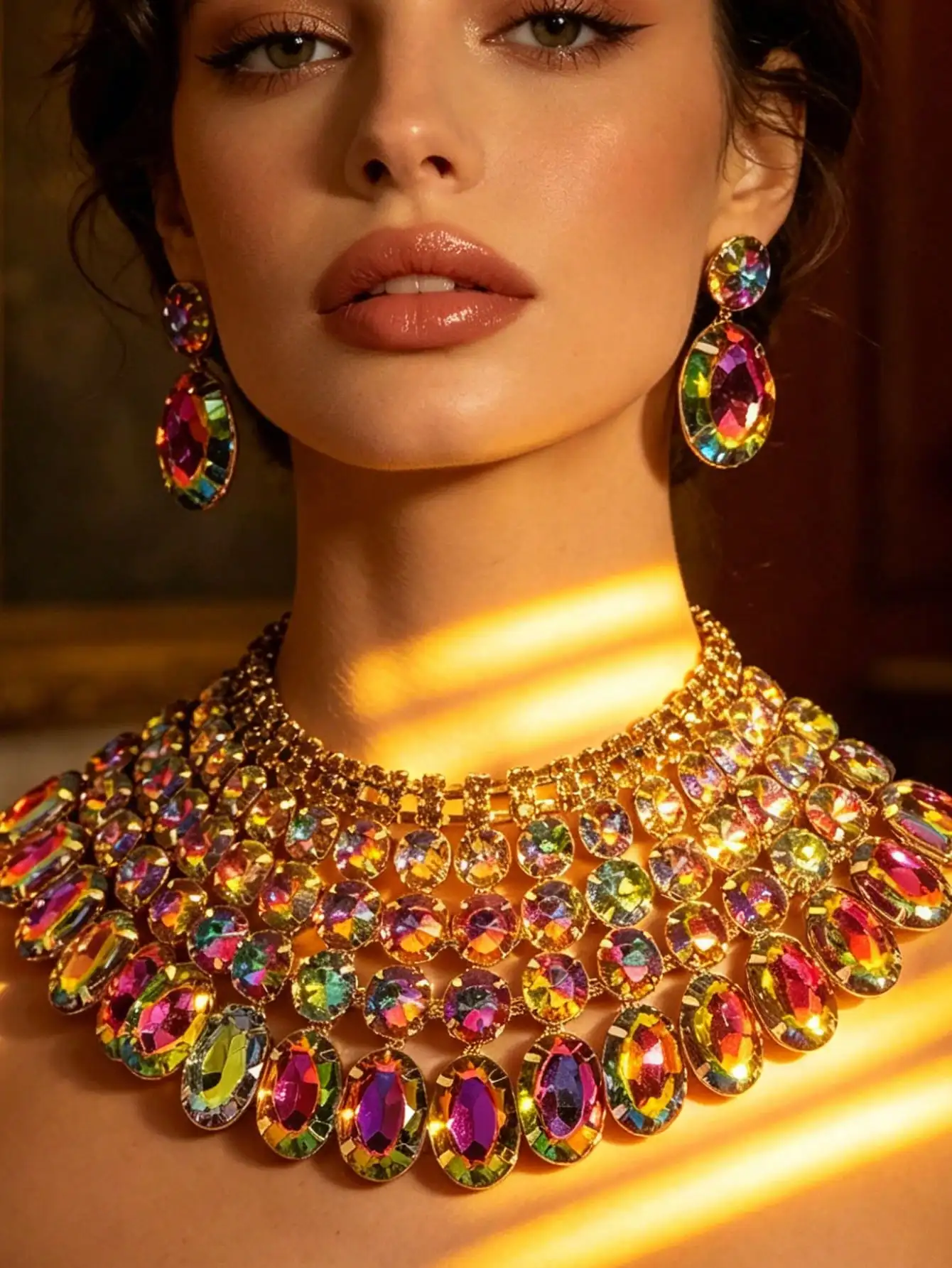 Luxuriöses, übergroßes Statement-Schmuckset für Damen, übertriebene Regenbogen-Halskette und Ohrringe im Set für Party, Abschlussball, Hochzeit – Detail 2