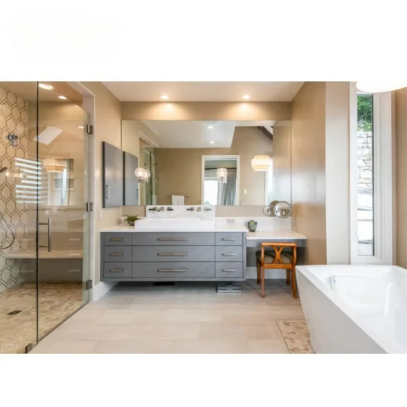 Modern Villa Bathroom Design Water Resistant Solid Wood Mirrored Makeup Vanity Cabinets LED Light Plywood Melamine Board MDF