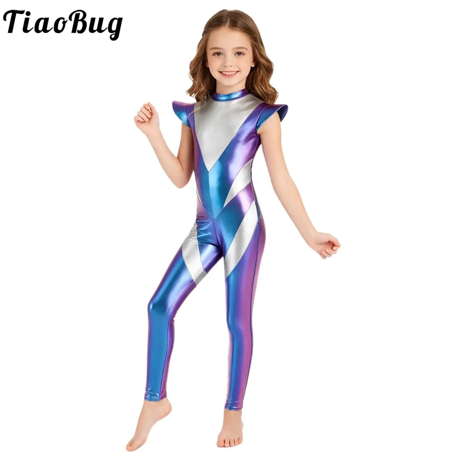 Children Metallic Shiny Alien Robot Cosplay Costume Halloween Outer Space Theme Party Dress Up Fly Sleeve Color Block Jumpsuit