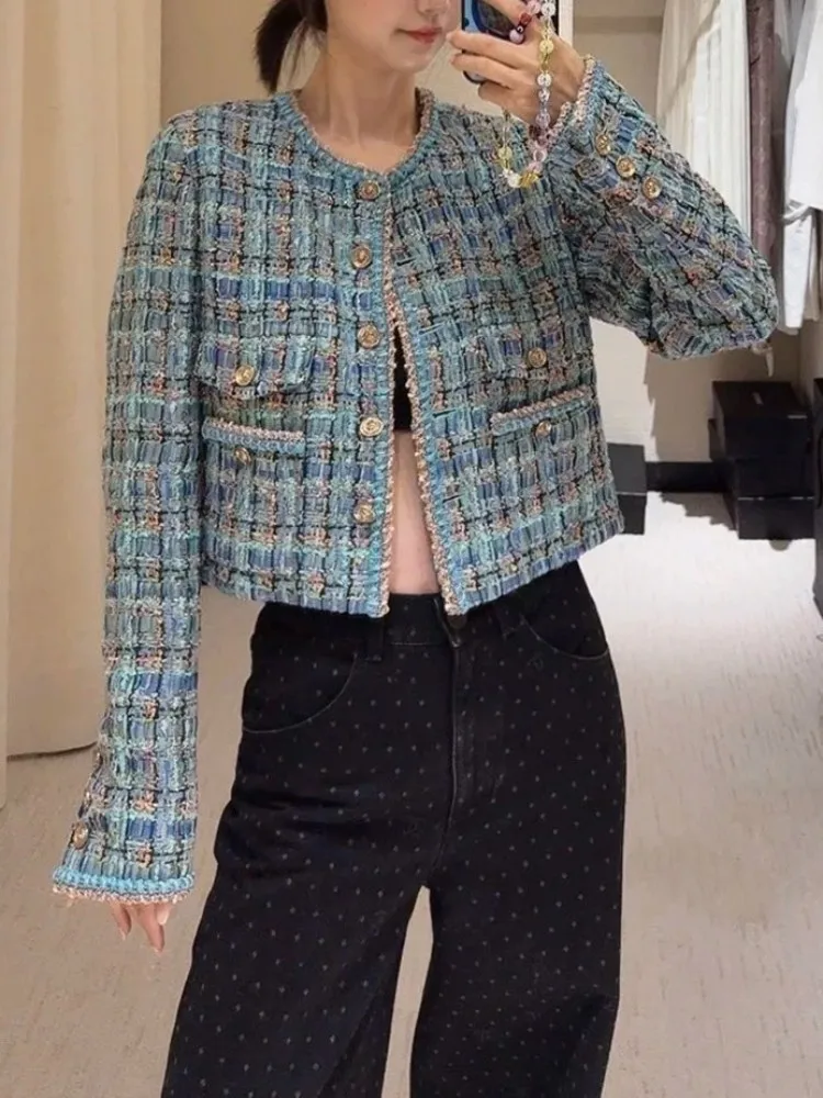 سترة تويد نسائية أنيقة بأكمام طويلة واحدة الصدر منقوشة معطف قصير ربيع الخريف مكتب السيدات مصمم ملابس خارجية الموضة