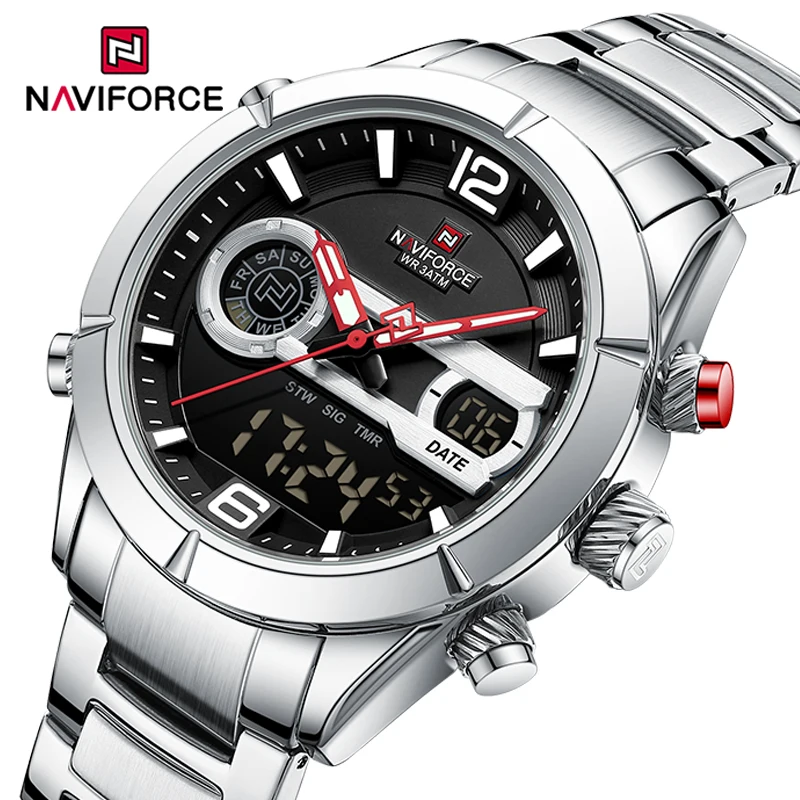 NAVIFORCE Luminous Men's Quartz Analog LCD Digital Watch Business Stainless Steel Band Water Resistant Man Clock Male Wristwatch