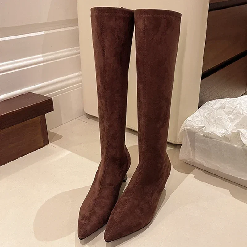 Pointed Toe Knee High Boots Women Suede Leopard Heels Shoes 2025 Brand Sexy Winter Boots Dress Shoes for Women Pumps Botas Mujer - view 5