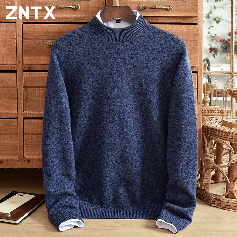 ZNTX 2024 winter new pure cashmere sweater men\'s thick warm solid color casual knit sweater loose size half high neck simple