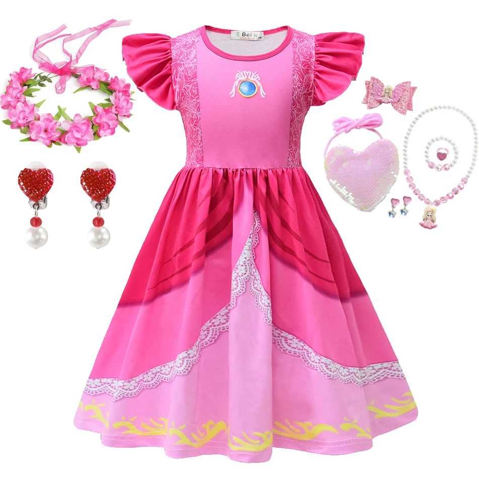 

New Girls Princess Peach Costume Kids Cosplay Party Halloween Fantasia Carnival Dress Up Children Birthday Clothing Baby Outfit