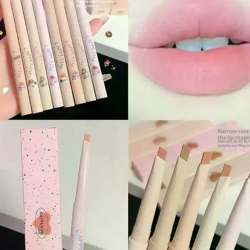 Jasny, słodki i delikatny matowy konturówka do ust wyraza kształt ust, trwała, trudna do rozmazywania, nie usuwa makijażu, nude konturówka do ust.