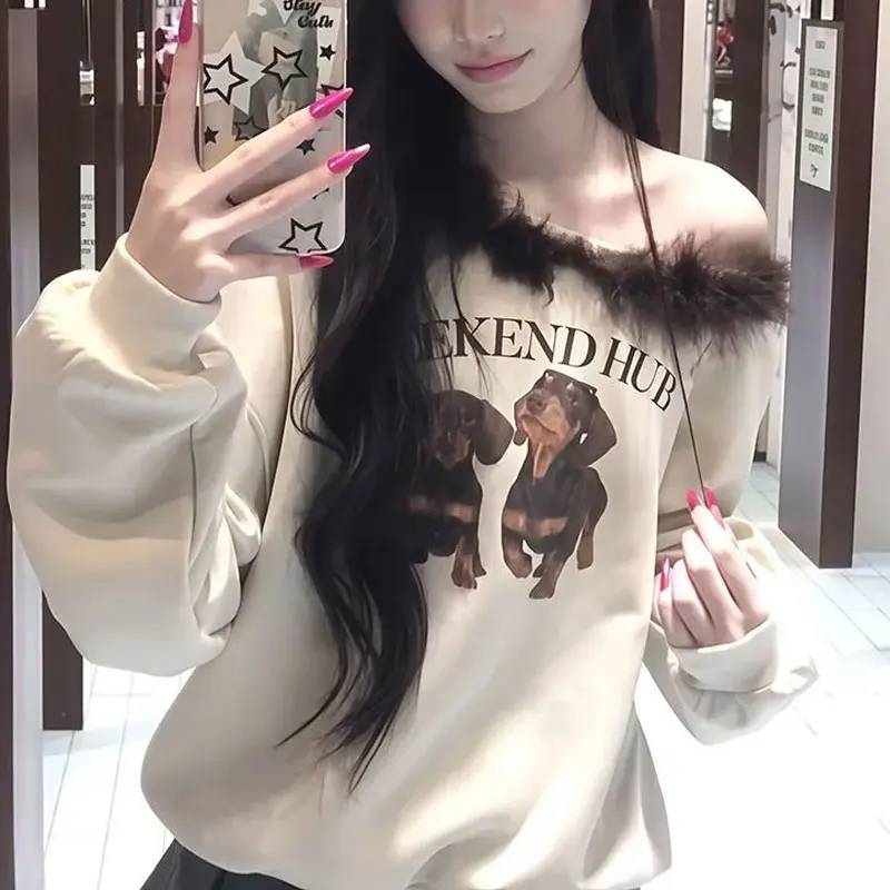 

Fashion Skew Collar Asymmetrical Spliced Hoodies Female Clothing Cute Puppy Printed Autumn Casual Loose Long Sleeve Sweatshirts