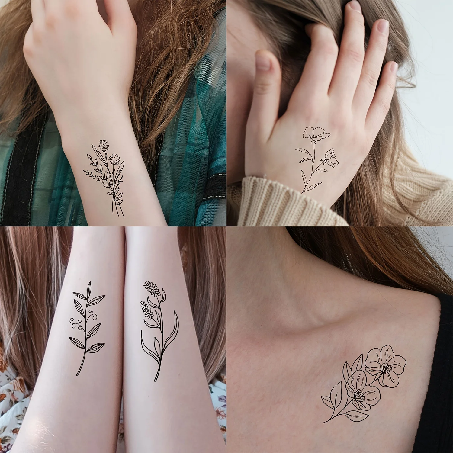 30pcs Flowers Temporary Tattoo Adhesive for Women Girls Hand Wrist Neck Thigh Botanical Leaf Line Painting Floret Fake Tattoos