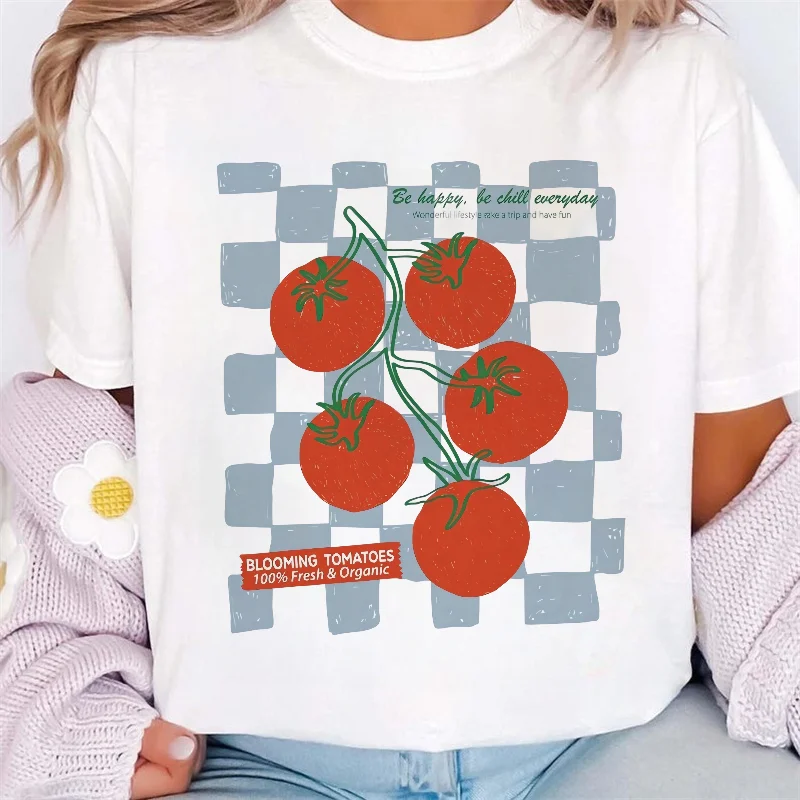 

Летняя футболка с рисунком томатов в стиле Харадзюку, повседневный топ с круглым вырезом, женская одежда с короткими рукавами, женская базовая футболка для отпуска и путешествий