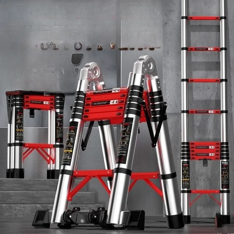 Stainless Steel Thickened A-frame Telescopic Ladder, Portable Multifunctional Folding Lift Ladder for Home & Construction Work