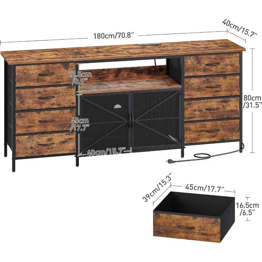 71 cômoda de suporte de TV para TV de 85/80/75 polegadas com tomadas de energia e luzes LED cômoda longa com 8 gavetas de tecido grande entretenimento