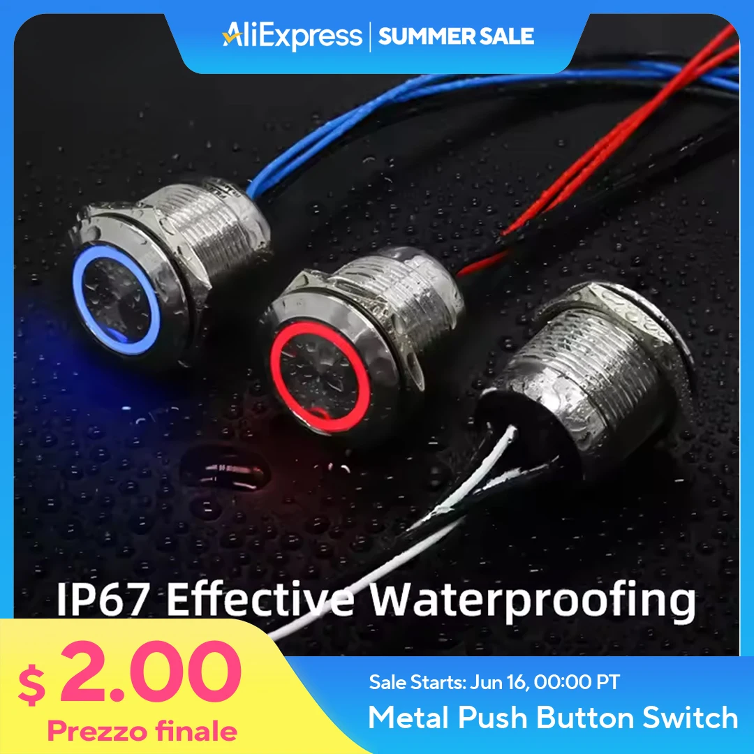 

FILN 19MM 12V 24V 110V 220V Waterproof Flat Ring Round Push Button Switch Tri Color IP68 Metal Stainless Steel with 20cm Wire