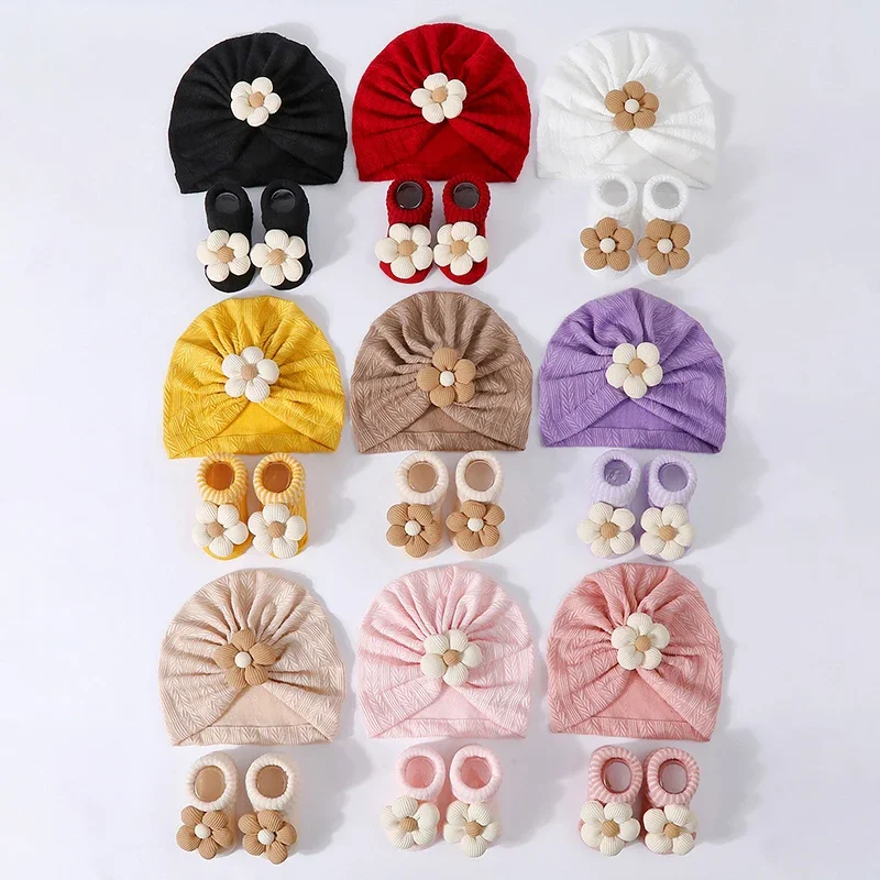 2Pcs/Set Sweet Big Flower Baby Hat Socks Newborn Boy Girl Indian Caps Toddler Kids Turban Headscarf Caps Infant Socks