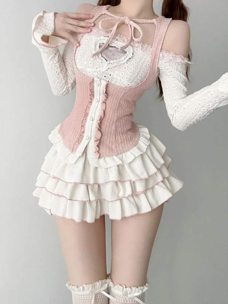 Imagem -04 - Mulheres Japonesas Kawaii Lolita Conjunto de Peças Coreano Doce Terno de Saia Fofo Blusa Feminina Fora do Ombro Colete Rosa Mini Saia de Festa