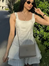 HH Woman Fashion Chic High Street Slim Short Dress Pleated Dress Women Summer Square Collar Sleeveless Solid Mini Dress