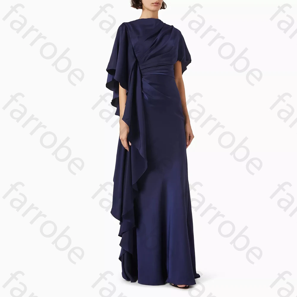 

Элегантные вечерние платья Темно-синие атласные плиссированные платья с оборками для выпускного вечера Длинное платье русалки с круглым вырезом Труба Свадебное платье для гостей по индивидуальному заказу