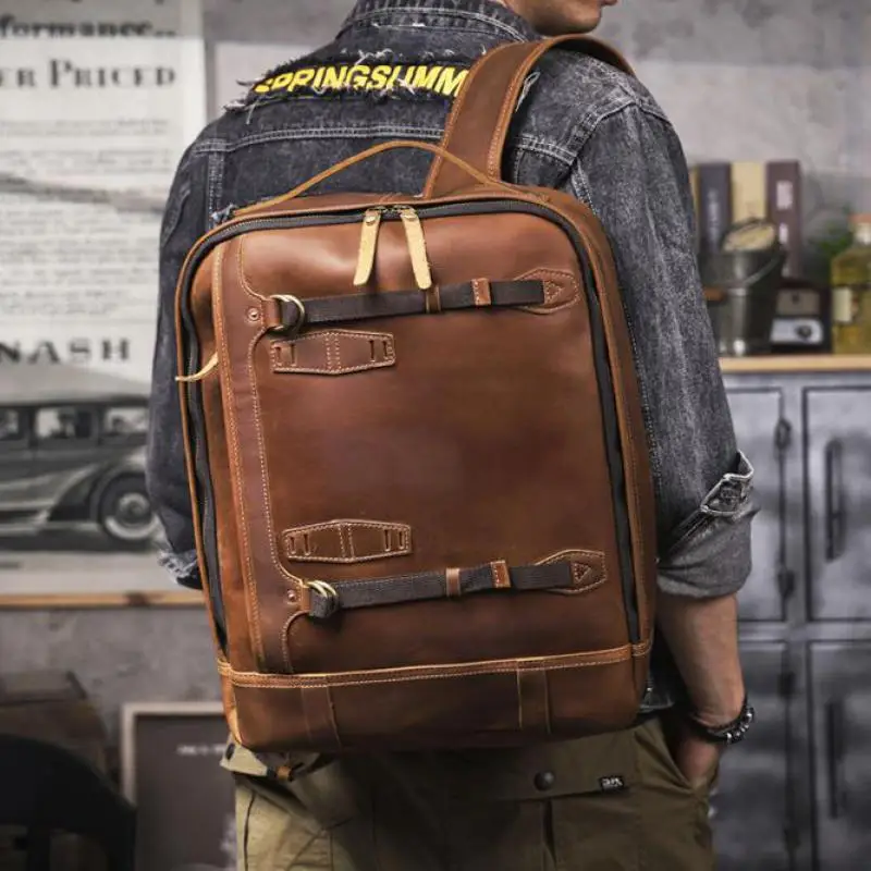 Organizers designers handmade crazy horse cowhide men's brown backpack vintage genuine leather large-capacity laptop bagpack