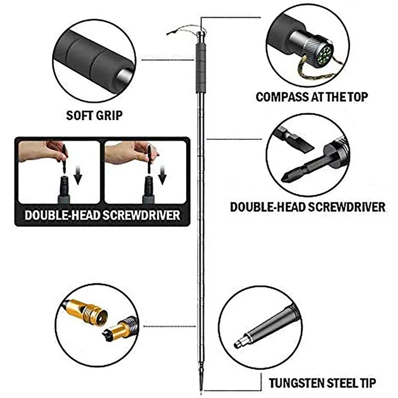 Climbing Stick Multifunction Aluminium Alloy Trekking Pole Ultralight Folding Trekking Poles Climbing Adjustable Alpenstock 2023