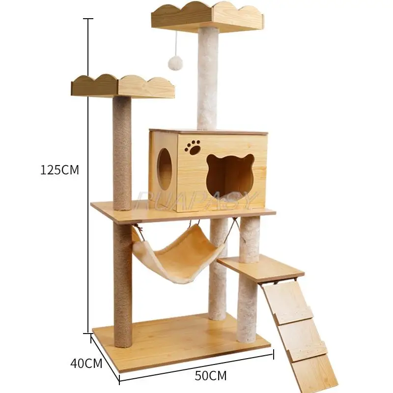 Cat Climbing Frame Tree Cat Scratching Column Wood Cat Jumping Platform Multi-Level Pet Cat Tree House Condo Perch Tower