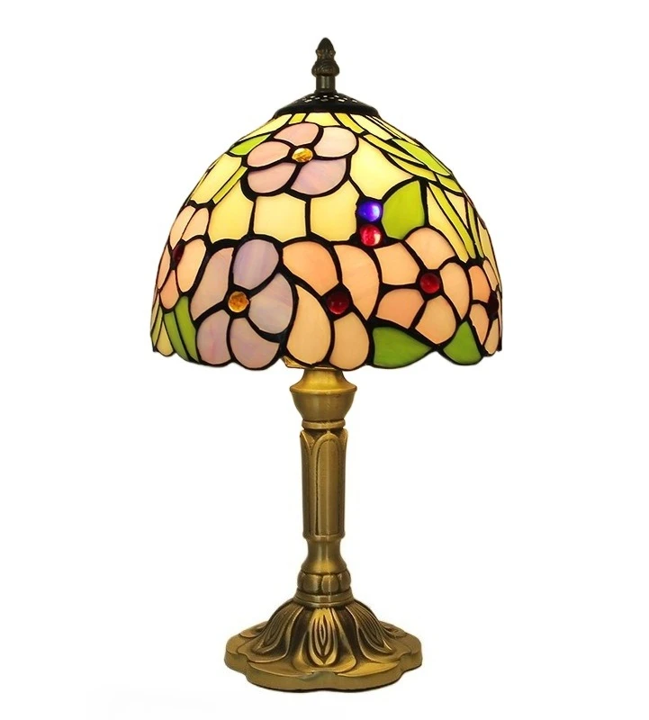 

High Quality Retro Tiffany Table Lamp Copper Base Stained Glass 4-leaf Flower Lampshade AC Living Room Home Decor Desk Light
