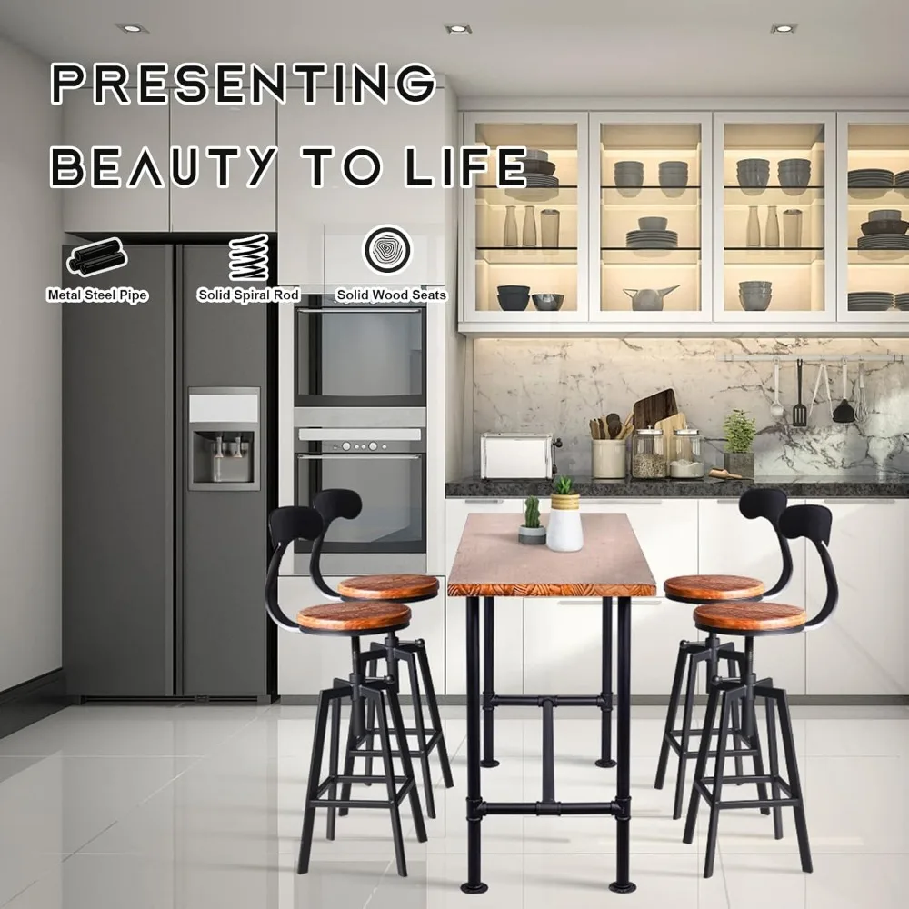 Taburetes de bar giratorios de estilo industrial con asientos de madera, altura ajustable de 25 a 32 pulgadas para comedor con isla de cocina