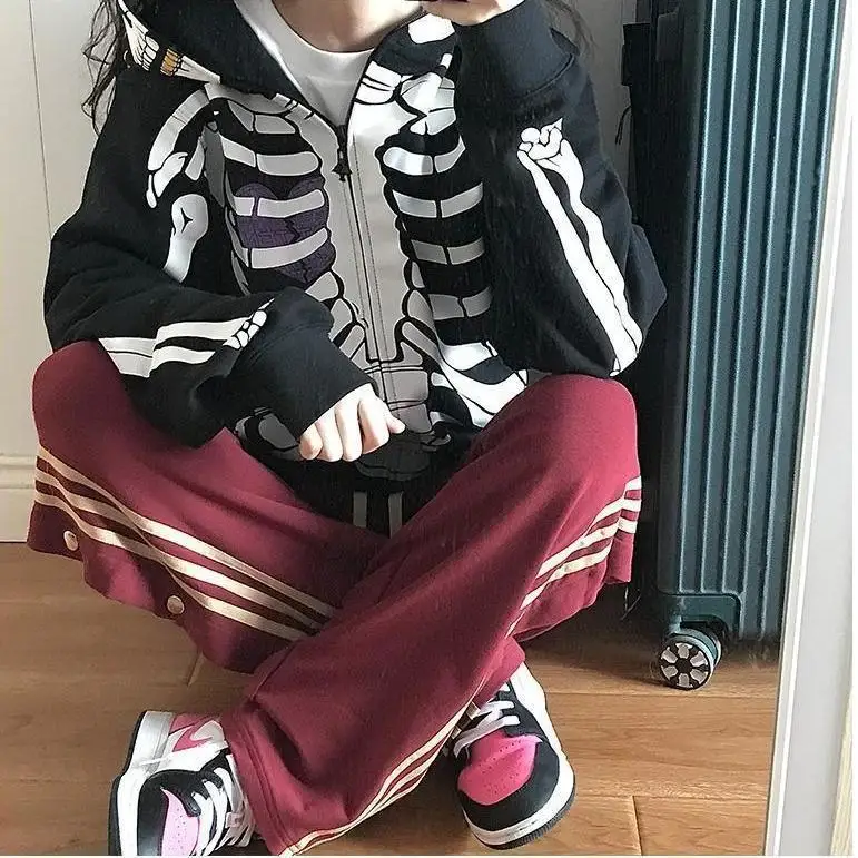 Skeleton Print Hoodies Women Y2K Harajuku Long Sleeve Zipper Jacket Goth Oversize Hooded Sweatshirts Streetwear Hoodies