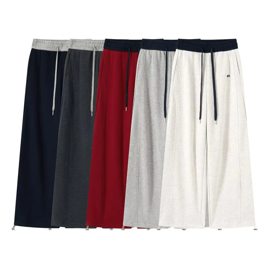 American Style Color Block Casual Pants 2026 Autumn New Embroidered Two-Way Wearable Cuffed Grey Wide Leg Long Trousers