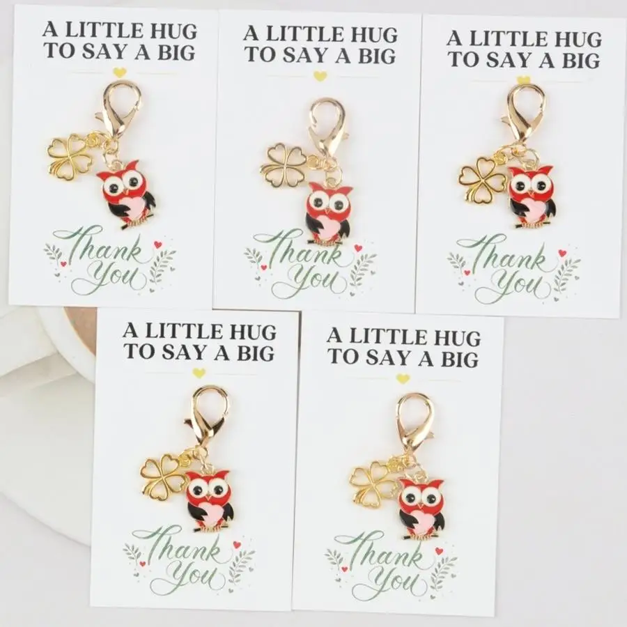 1/5/10/20/50/100pcs 2D Flat - s 2D Cute Animal Series Owl with Clover Keychain Set, Comes with a Thank-You Hug Card. Positive Su