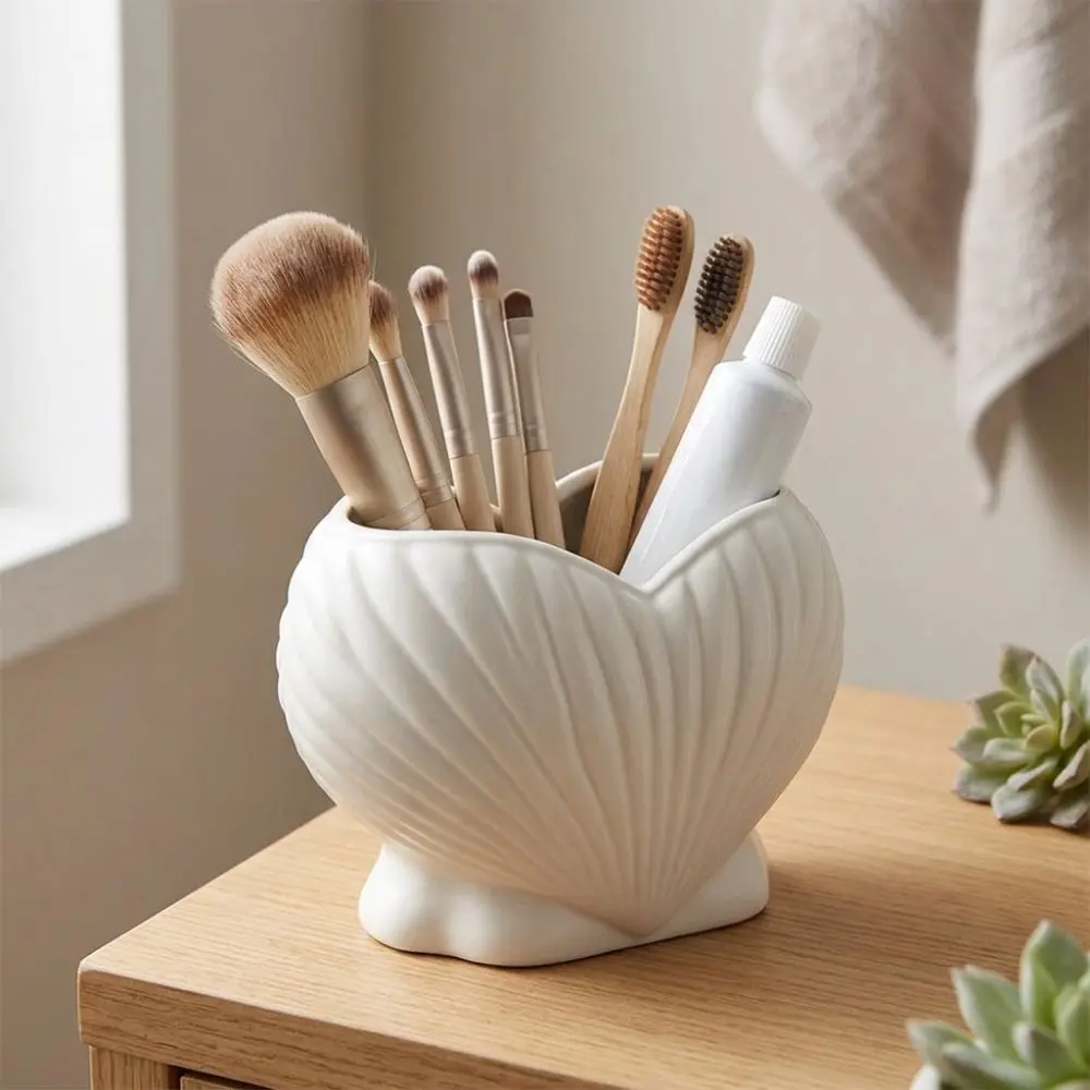 3D Printed Shell Shape Toothpaste Toothbrush Holder Coastal Style Plastic Makeup Brush Stand Aesthetic Stable Base