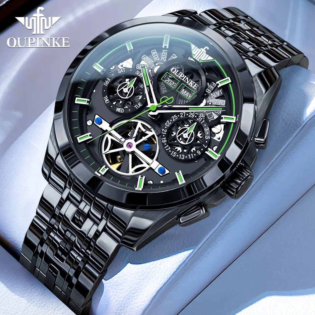 OUPINKE 3235 Black Skeleton Flywheel Automatic Mechanical Watches for Men Multi-function Stainless Steel Luxury Brand Wristwatch