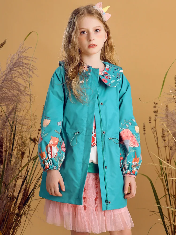 

Girl Trench Coat Long Sleeve Floral Print Zip Closure Blue Long Coat