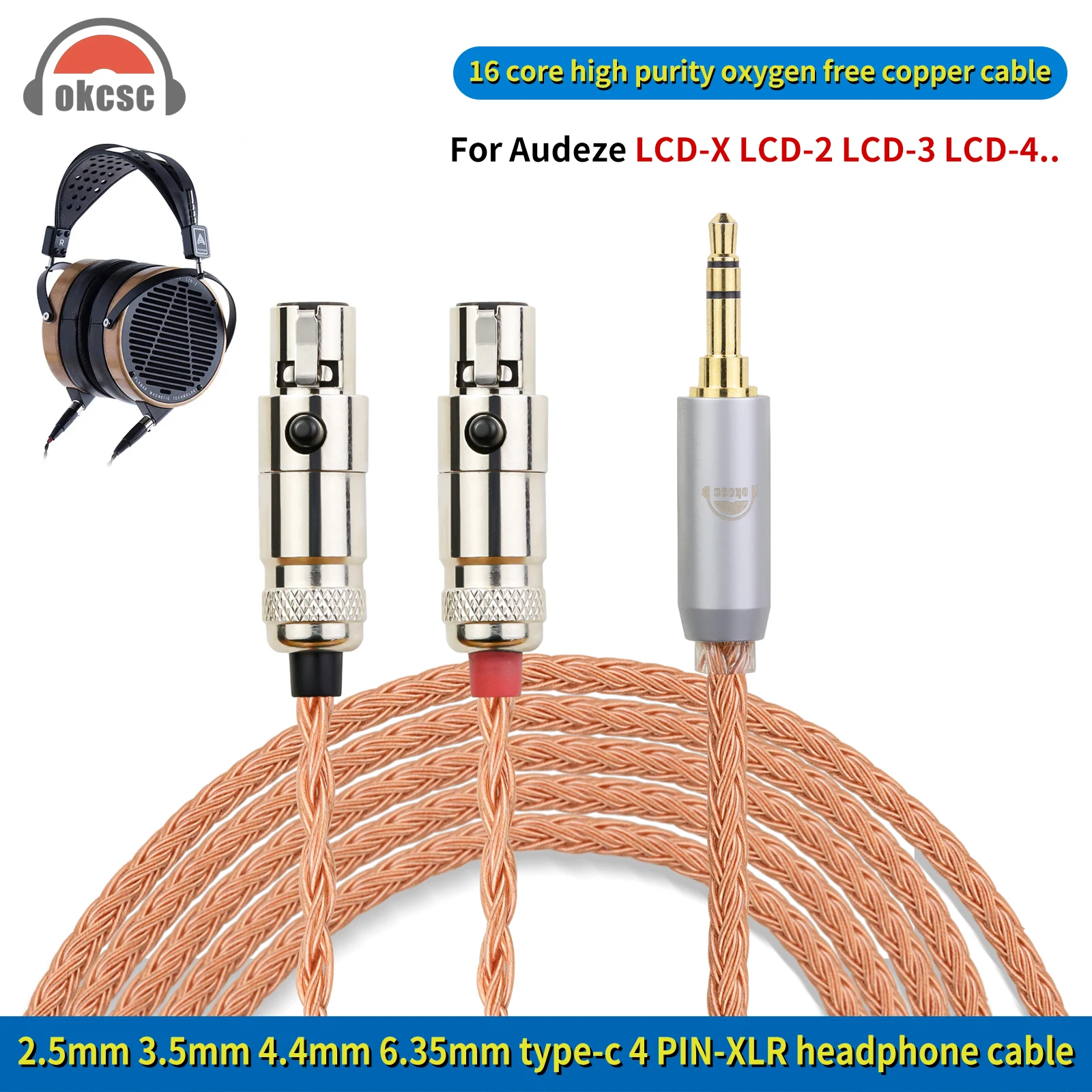 Standardowy kabel słuchawek do Audeze LCD-X LCD-4 LCD-3 2.5mm/3.5mm/4.4mm/6.35mm/4 Pin XLR/typ-C wtyk 16-rdzeniowy kabel modernizacyjny