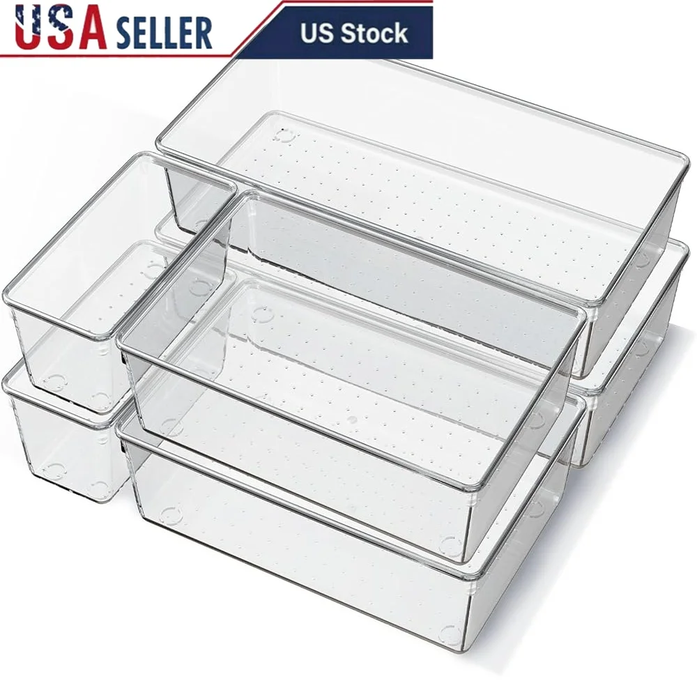 

6 Pack Clear Plastic Drawer Organizers Non-Slip Storage Bins Acrylic Kitchen Bathroom Office Organizer Trays Utensils Tools