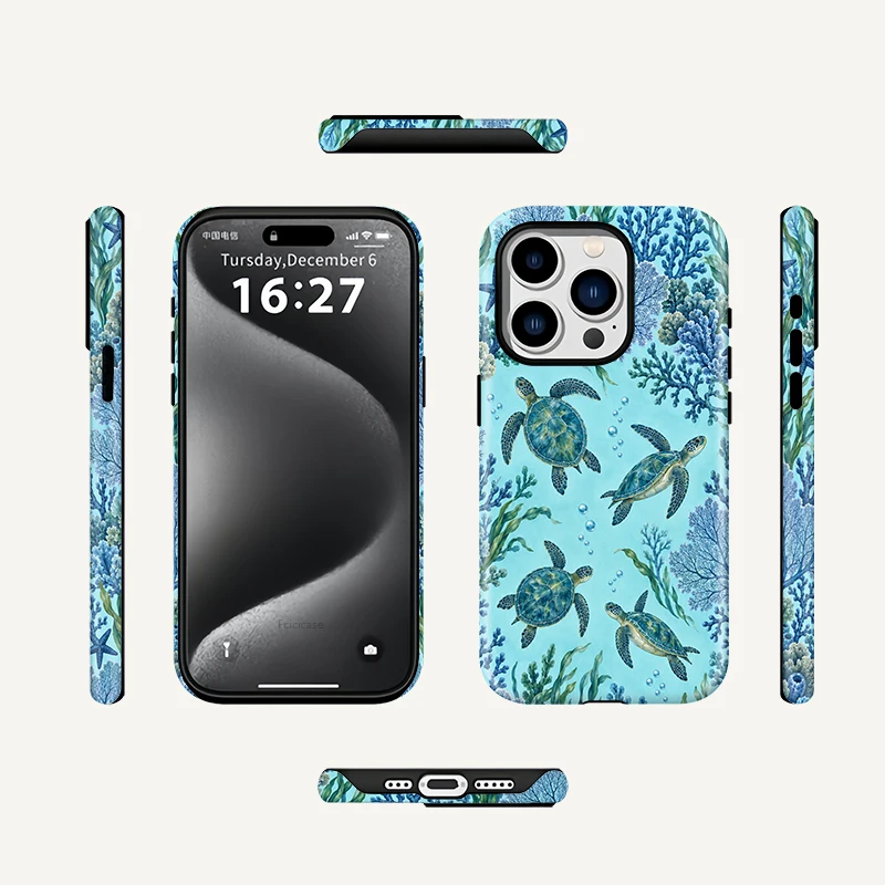 Fcicicase Cartoon Sea Turtle Pattern Case For Iphone 18 17 16 Pro Max 15 14 13 12 Plus 11 For Magsafe 2 in 1 PC +TPU Cases Coque view 2