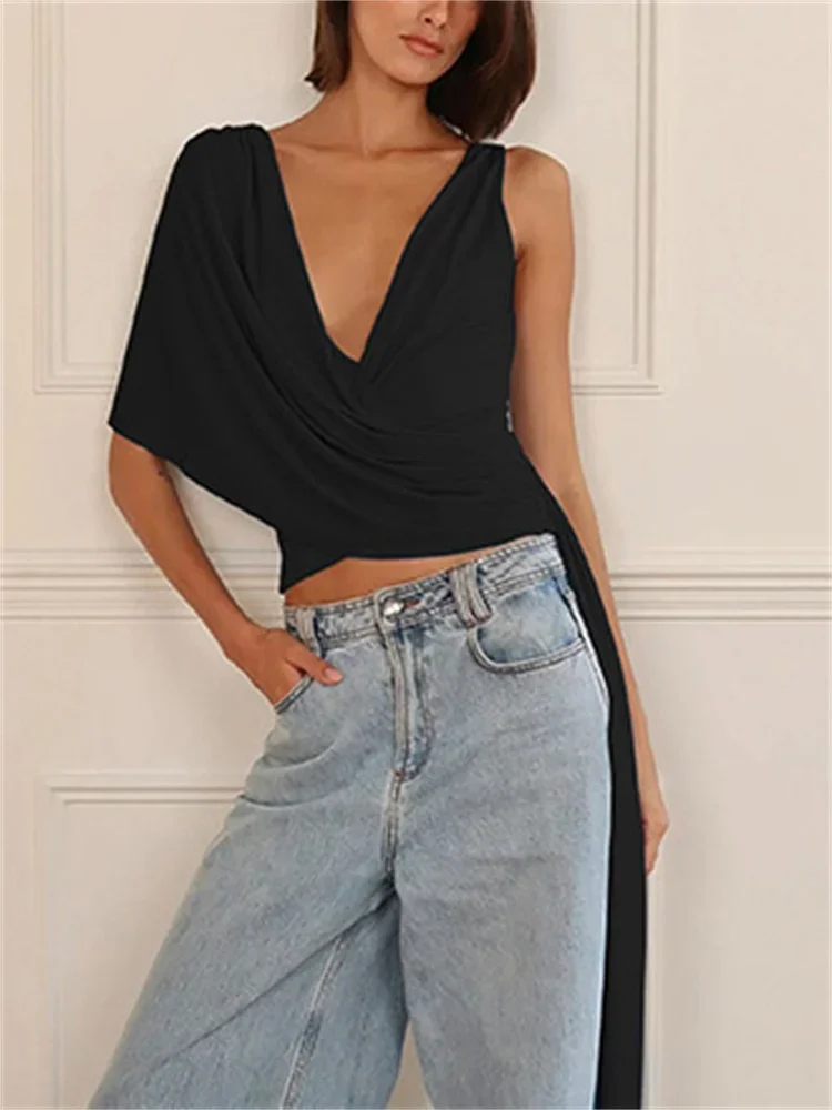 

2026 V-Neck Fashion Lace-Up Tops Vest Female One-Shoulder Solid Patchwork Backless Beach Clothes Women's Summer Cropped Top New